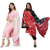 ANNI DESIGNER Women's Cotton Blend Printed Straight Kurta with Pant & Dupatta Pack of 2 (Combo-Prem Pink-Mayavi Red_XXL_Multi_XX-Large)