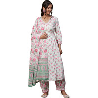 KLOSIA Women Block Printed Kurta and Pant with Dupatta Set (Small) White