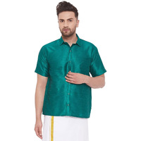 VM Mens Silk Blend Bottle Green Shirt - Effortless Style for Everyday Comfort | Ethnic South Indian Silk Shirt Half Sleeves | Modern Designs and Contemporary Fit_VASMSH001GN_46