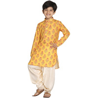VASTRAMAY Boys' Multicolor-Base-Mustard And Cream Kurta Patiala Set | Digitally Printed Embellished Kurta With Patiala for Navratri, Diwali & Festive Celebrations - Stylish Indian Outfit for Kids