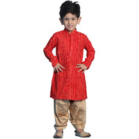 VASTRAMAY Boys' Maroon and Rose Gold Kurta Patiala Set | Gold Bandhani And Foil Print Rayon Kurta With Pyjama for Navratri, Diwali & Festive Celebrations - Stylish and Comfortable Indian Outfit