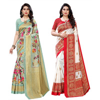 Yashika Women's Combo Art Silk Printed Saree With Blouse Piece Pack Of 2(AIR LIGHT GREEN-AAMRAPALI RED)
