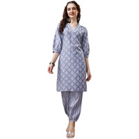 Yashika Women's Printed Cotton Blend Light Grey Color Sraight Kurta Herem Pant Set||AZ-YS-P1-KS2070-S