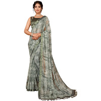 Yashika Women's Weightless Georgette Satin Printed Hot Fix Swarovski Lace with Tassels Unstitched Blouse Material Saree (AZ-YS-P1-REHANA-Parent_Mahendi)