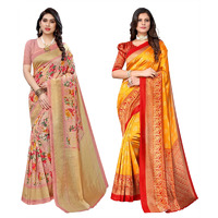 Yashika Women's Combo Art Silk Printed Saree With Blouse Piece Pack Of 2(AIR PEACH-MINALI MUSTARD)