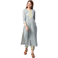 ANNI DESIGNER Women's Cotton Blend Traditional Straight Printed Kurta and Pant Set (Mikaa Grey_S_Grey_Small)