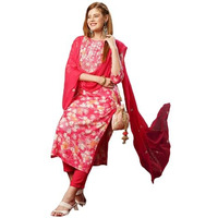 ANNI DESIGNER Women's Cotton Blend Printed Straight Kurta with Pant & Dupatta (Bhadrusha Pink-NW_M_Pink_Medium)