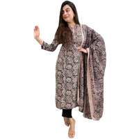 ANNI DESIGNER Women's Rayon Blend Straight Printed Kurta with Pant & Dupatta (VAARAHI Black_L_Black_Large)