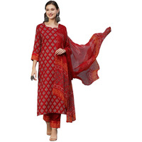 ANNI DESIGNER Women's Cotton Blend Floral Printed Straight Kurta with Pants & Dupatta (Shank-Maroon-CGD_M_Red_Medium)