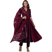 ANNI DESIGNER Women's Rayon Blend Anarkali Solid Kurta with Pant & Dupatta (NIRMOOHA Wine-VKS01_M_Wine_Medium)
