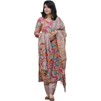 ANNI DESIGNER Women's Cotton Blend Straight Printed Kurta with Pant & Dupatta (Candy Beige-JL_XL_Beige_X-Large)