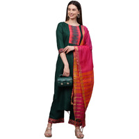 ANNI DESIGNER Women's Cotton Blend Straight Printed Kurta with Pant & Dupatta (My Hit Nw Dark Green_XXL_Dark Green_XX-Large)