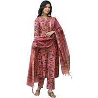 ANNI DESIGNER Women's Cotton Blend Straight Printed Kurta with Pant & Dupatta (Kinara Peach_M_Peach_Medium)