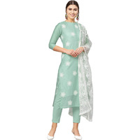 ANNI DESIGNER Women's Ruby Cotton Straight Embroidery Kurti with Pant & Dupatta Set