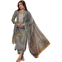 ANNI DESIGNER Women's Cotton Blend Straight Printed Kurta with Pant & Dupatta (SANGHVI Green_XL_Green_X-Large)