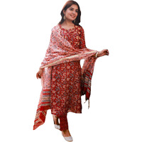 ANNI DESIGNER Women's Cotton Blend Straight Printed Kurta with Pant & Dupatta (JA Gadi Red-NW_XXL_Blue_XX-Large)