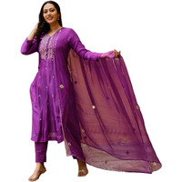 ANNI DESIGNER Women's Cotton Blend Embroidered Straight Kurta with Pant & Dupatta (Kasturi Magenta_S_Magenta_Small)