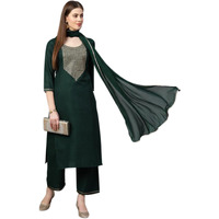 ANNI DESIGNER Women's Ruby Cotton Solid Straight Kurti with Palazzos & Dupatta Set (Label Green-NWST_S_Dark Green_Small)