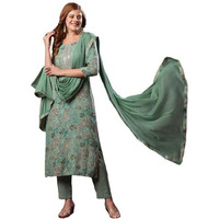 ANNI DESIGNER Women's Rayon Blend Printed Straight Kurta with Pant & Dupatta (VICE Green-VKS02_S_Green_Small)