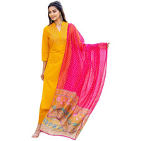 ANNI DESIGNER Women's Cotton Blend Straight Printed Kurta with Pant & Dupatta (Devanshi-Yellow_L_Yellow_Large)