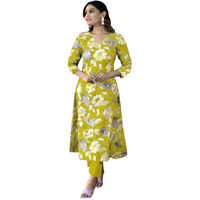 ANNI DESIGNER Women's Cotton Blend Straight Printed Kurta with Pant (DHUN Lemon_S_Lemon_Small)