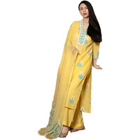ANNI DESIGNER Women's Cotton Blend Straight Hand Block Printed Kurta with Pant & Dupatta (Belagavi Mustard_XXL_Mustard_XX-Large)