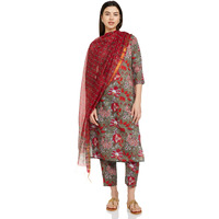 KLOSIA Women Straight Printed Kurta and Pant Set with Dupatta (Medium) Grey