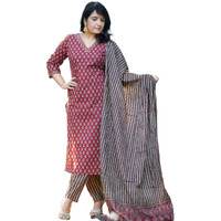 KLOSIA Women's Straight Printed Kurta Pant with Dupatta Set (in, Alpha, 2XL, Maroon)