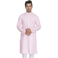 VASTRAMAY Mens Cotton Linen Light Pink Kurta - Timeless Elegance for Festivals & Events | Plain Solid Full Sleeves Mandarin Collar Kurta | Classic Design, Premium Comfort, and Versatile Style