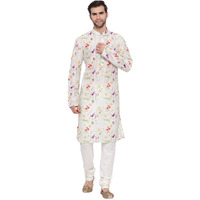 VASTRAMAY Men's Cream Cotton Blend Kurta Pyjama Set | Perfect Spring Edit Floral Design Digitally Printed Kurta With Bling Buttons And Singara Border Along With Relaxed Pyjama.