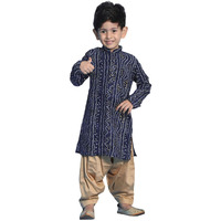 VASTRAMAY Boys' Blue and Rose Gold Kurta Patiala Set | Gold Bandhani And Foil Print Rayon Kurta With Pyjama for Navratri, Diwali & Festive Celebrations - Stylish and Comfortable Indian Outfit for Kids