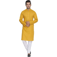 VASTRAMAY Mens Cotton Linen Mustard And White Kurta Pyjama Set - Classic Ethnic Attire for Timeless Style | Soft Comfortable Plain Solid Kurta and Churidar Pyjama Set_VASMK007MDnPCWH_38