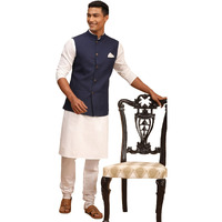 VASTRAMAY Men's Navy Blue And White Cotton Blend Jacket, Kurta and Pyjama Set-VASMJ061NBnK007WHnPCWH_38