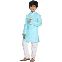 VASTRAMAY Boys' Cotton Solid Color Kurta with Full Sleeves, Mandarin Collar & Wooden Buttons  White Elasticated Waist Pyjama Set for Ethnic and Festive Occasions