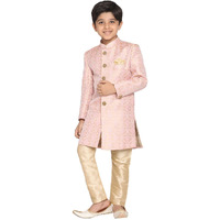 VASTRAMAY Boys' Pink Jacquard Silk Blend Sherwani and Cream Dupatta Set, Festive Ethnic Wear for Weddings and Celebrations