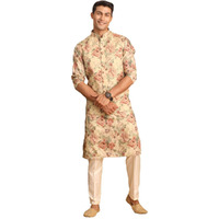 VASTRAMAY Classic Flower Print Silk Blend Printed Nehru Jacket with Kurta and Pant Style Pyjama Elegant Ethnic Wear for Men