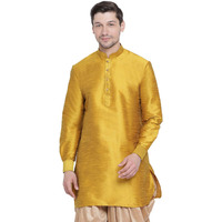 VM Mens Silk Blend Mustard Kurta - Elegance for Festivals & Events | Curved Shape Pathani Style Men Silk with Slight Cotton Mix, Mid Length Kurta | Classic Design, Premium Comfort