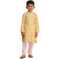 VASTRAMAY Boys' Yellow And White Kurta Pyjama Set || Ikkat Printed Cotton Cool Summer Kurta Set || Ethnic Wear for Festivals, Weddings_VASBK186YWnPWH_24