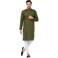 VASTRAMAY Men's Green And White Cotton Linen Kurta Pyjama Set-VASMK007MInPANT003WH_38