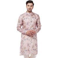 VASTRAMAY Men's Multicolor-Base-Peach Cotton Blend Kurta | Cotton Mustin Printed | Kurta for Festivals - Stylish, Comfortable - Perfect for Celebrations and Cultural Events, Navratri & Diwali