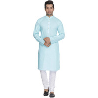 VASTRAMAY Mens Cotton Linen Aqua Blue And White Kurta Pyjama Set - Classic Ethnic Attire for Timeless Style | Soft Comfortable Plain Solid Kurta and Churidar Pyjama Set_VASMK007AQnPCWH_40
