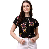 Wedani Women's Casual Short Sleeves Round Neck Foral Regular Fit Top (Small, Black-1)