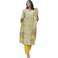 Yashika Women's Floral Regular Kurta Fashion That Echoes Tradition: Make a Style Statement with Our Cotton Blend Kurti Pant Dupatta Sets (AZ-YS-OG-KS2139-Parent_Yellow_2XL)