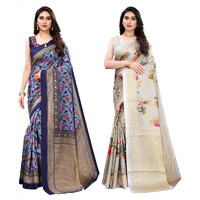 Yashika Women's Combo Art Silk Printed Saree With Blouse Piece Pack Of 2(SWATI NAVY-PUDINA GREY)