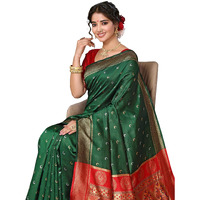 Yashika Women's cotton Chandrakor Paithani Saree In Golden Zari Border, Saree With Crescent Moon Motifs And Peacock Design, Includes Unstitched Blouse Material (Az-Ys-P3-Chandra Green)