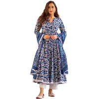 Yashika Women's Trendy Printed Cotton Blend Flared Blue Color Anarkali Style Lace Kurta with Dupatta(YS-KS2068-L)