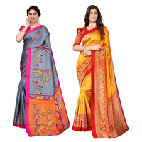 Yashika Women's Combo Art Silk Printed Saree With Blouse Piece Pack Of 2(DANDIYA GREY-MINALI MUSTARD)