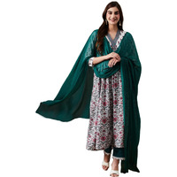 ANNI DESIGNER Women's Cotton Blend Anarkali Printed Kurta with Pant & Dupatta (TOKI White_L_White_Large)