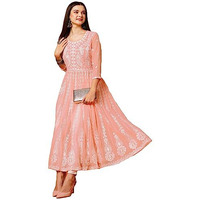 ANNI DESIGNER Women's Georgette Chikankari Embroidered Anarkali Kurti (Kari Peach-GRT_L_Peach_Large)