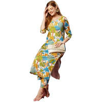 ANNI DESIGNER Women's Cotton Blend Straight Printed Kurta with Pant (Samlok Sky Blue_S_Sky Blue_Small)